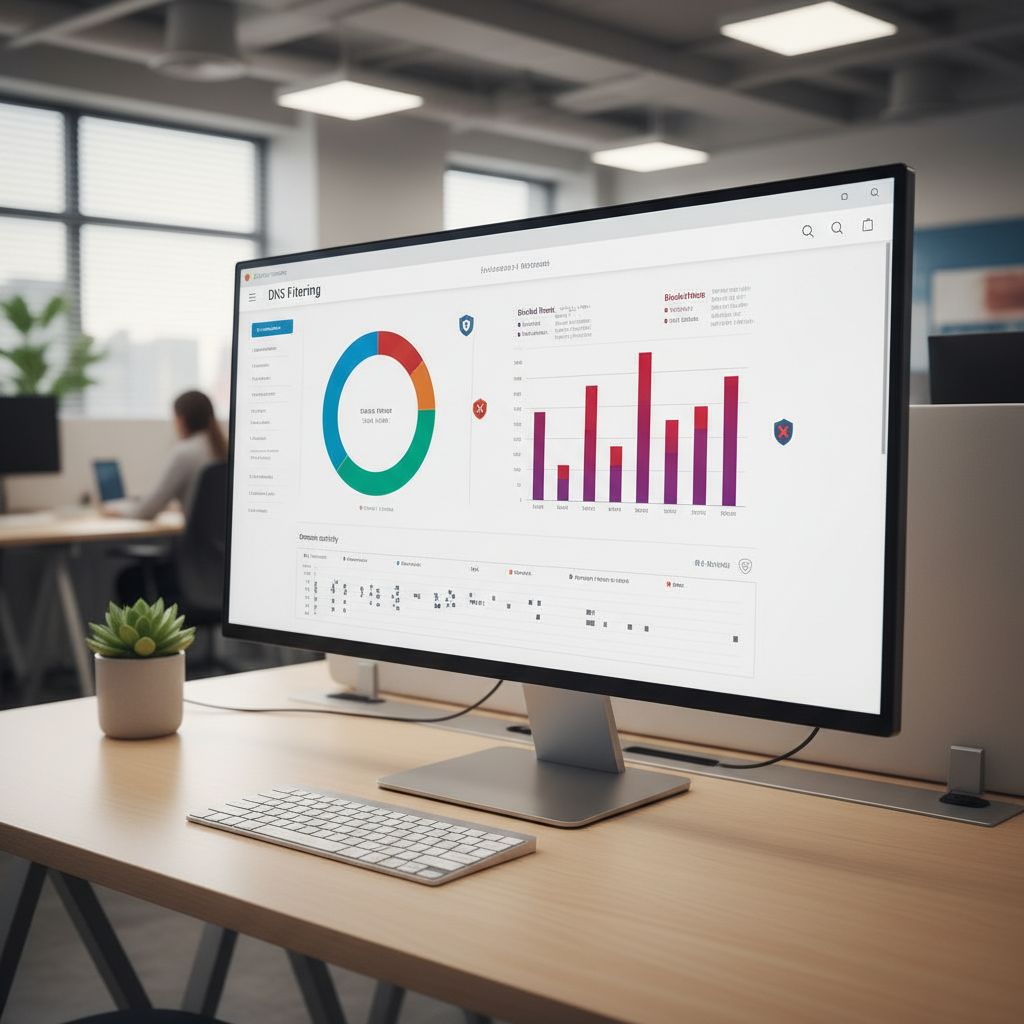 A clean, ultra-wide computer monitor on a modern office desk displaying a detailed DNS filtering dashboard full of colorful graphs, domain activity charts, and blocked-threat indicators, all rendered without readable text. The desk holds a slim keyboard and a small potted plant, with a blurred open-plan small-business office extending into the background. Neutral, soft overhead lighting combined with faint window light creates a balanced, professional illumination. Photographic realism from a slightly elevated angle showcases both the dashboard and workspace. The atmosphere feels efficient and in control, highlighting precise network monitoring and malware blocking for a small business environment.