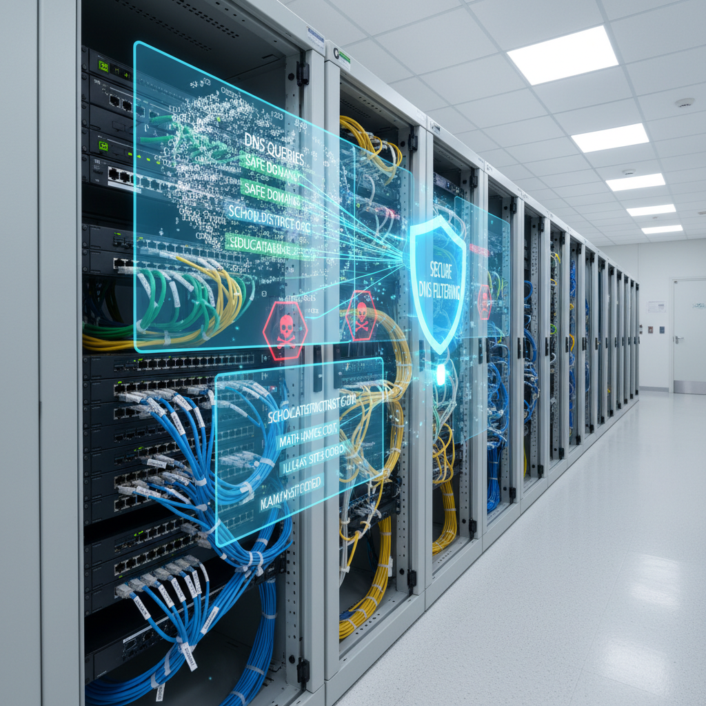 A well-organized school network room featuring a tidy rack of network switches and patch panels, each cable meticulously labeled and color-coded. Above the hardware, semi-transparent holographic layers show abstract DNS queries, safe domains, and red warning symbols being intercepted before reaching the network. The setting is a clean institutional space with pale walls and neatly arranged equipment. Cool, even fluorescent lighting casts soft shadows, emphasizing order and reliability. Photographic realism with a wide-angle, slightly low perspective creates depth through receding racks. The mood is disciplined and trustworthy, underscoring robust DNS filtering that protects students from malware and illegal sites.